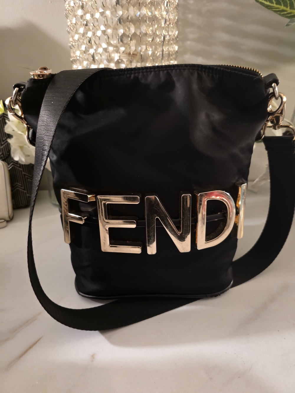 Fendi Black Nylon Crossbody Bag with Gold Lettering